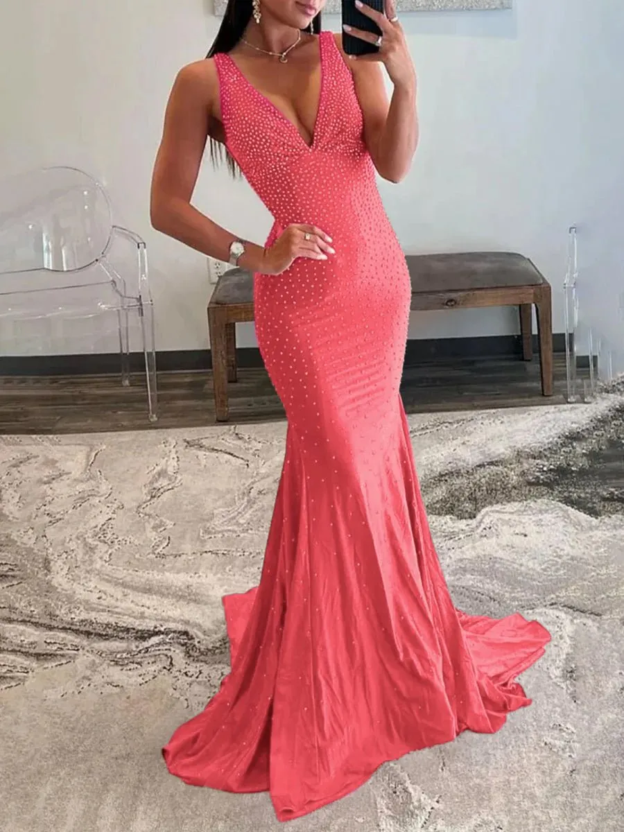 Mermaid Deep V-Neck Beaded Satin Long Prom Dresses