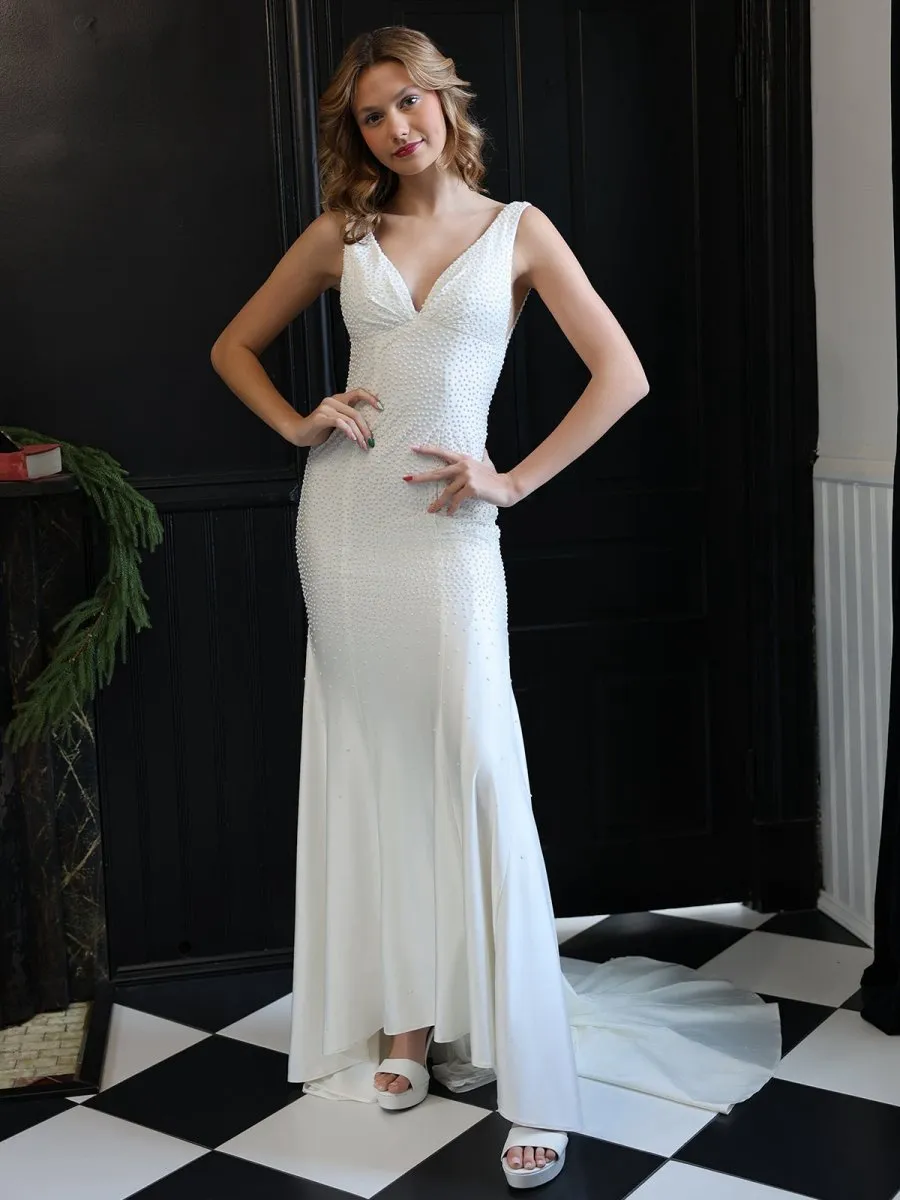 Mermaid Deep V-Neck Beaded Satin Long Prom Dresses