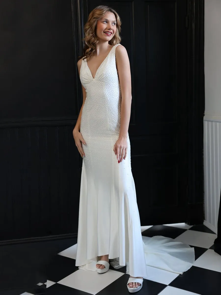 Mermaid Deep V-Neck Beaded Satin Long Prom Dresses