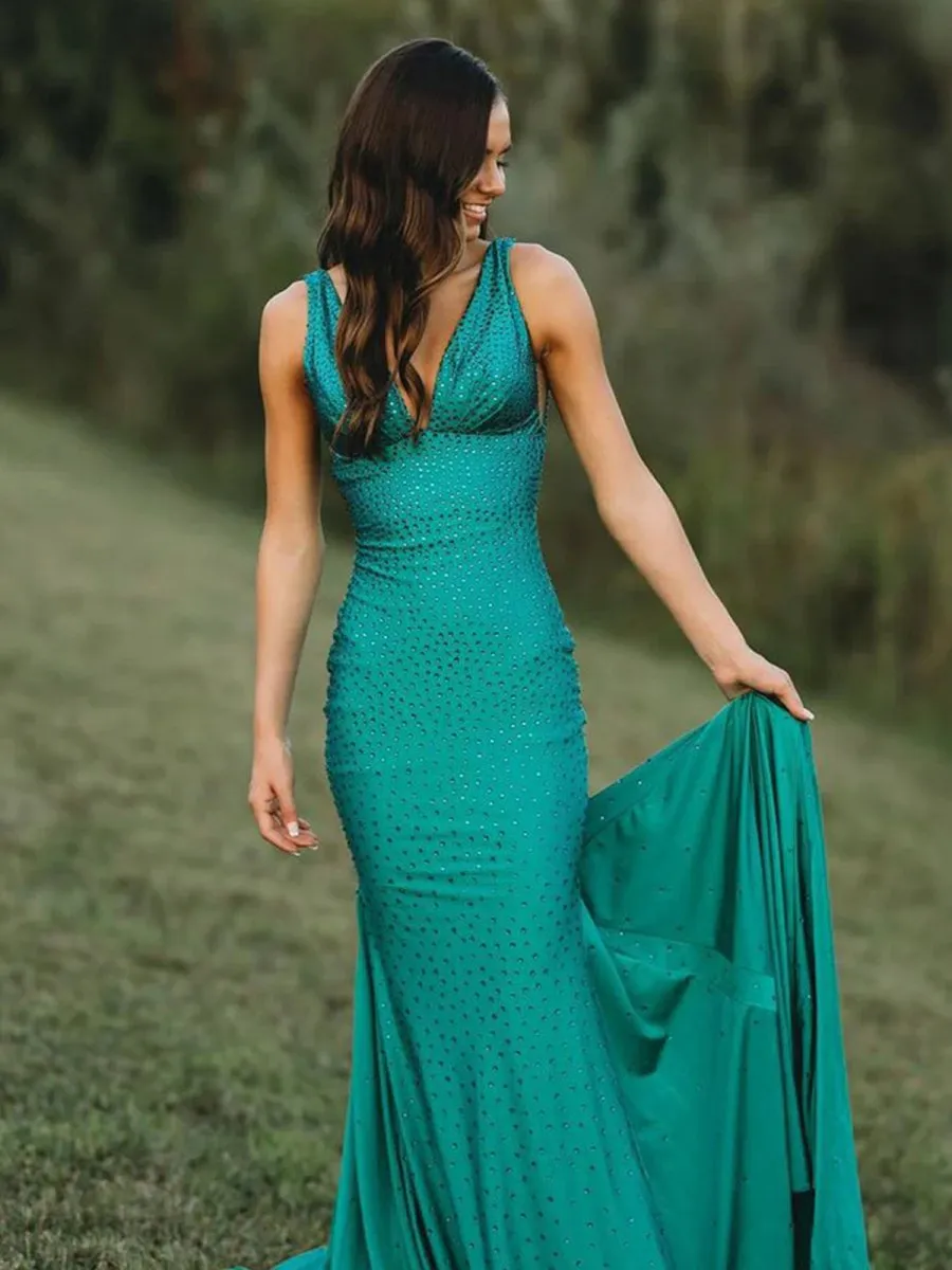 Mermaid Deep V-Neck Beaded Satin Long Prom Dresses