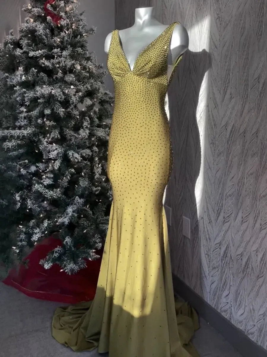 Mermaid Deep V-Neck Beaded Satin Long Prom Dresses