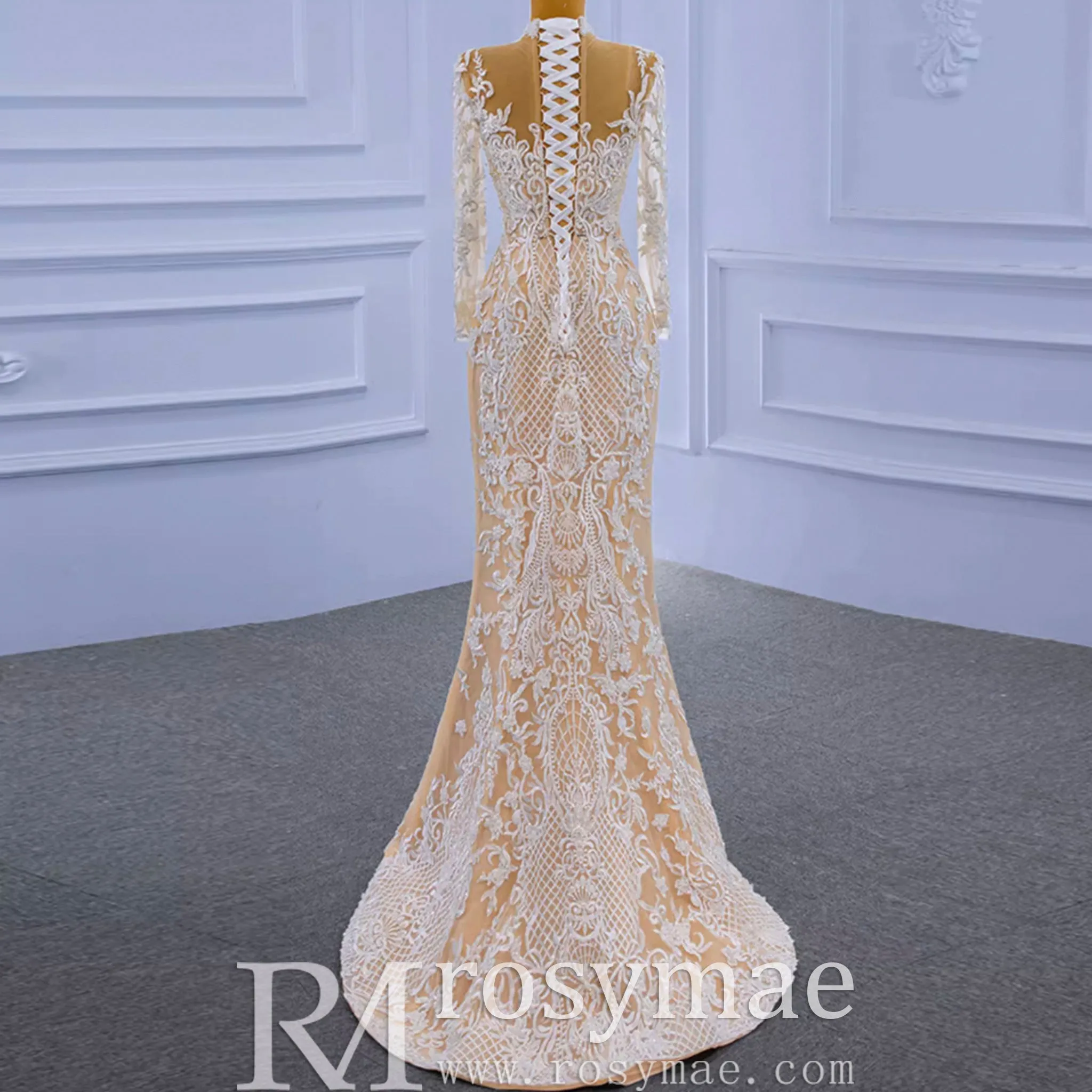 Mermaid Lace O-Neck Long Sleeve Wedding Dress With Detachable Train
