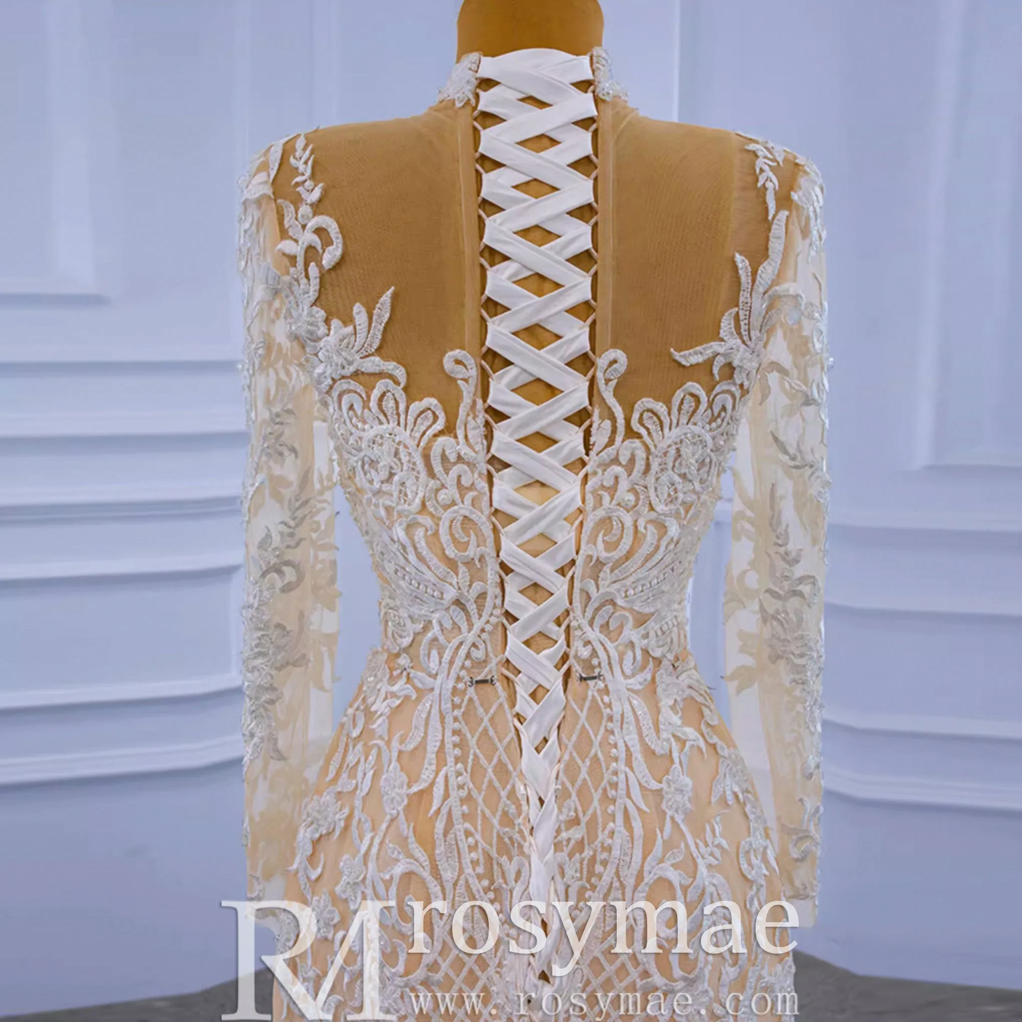 Mermaid Lace O-Neck Long Sleeve Wedding Dress With Detachable Train