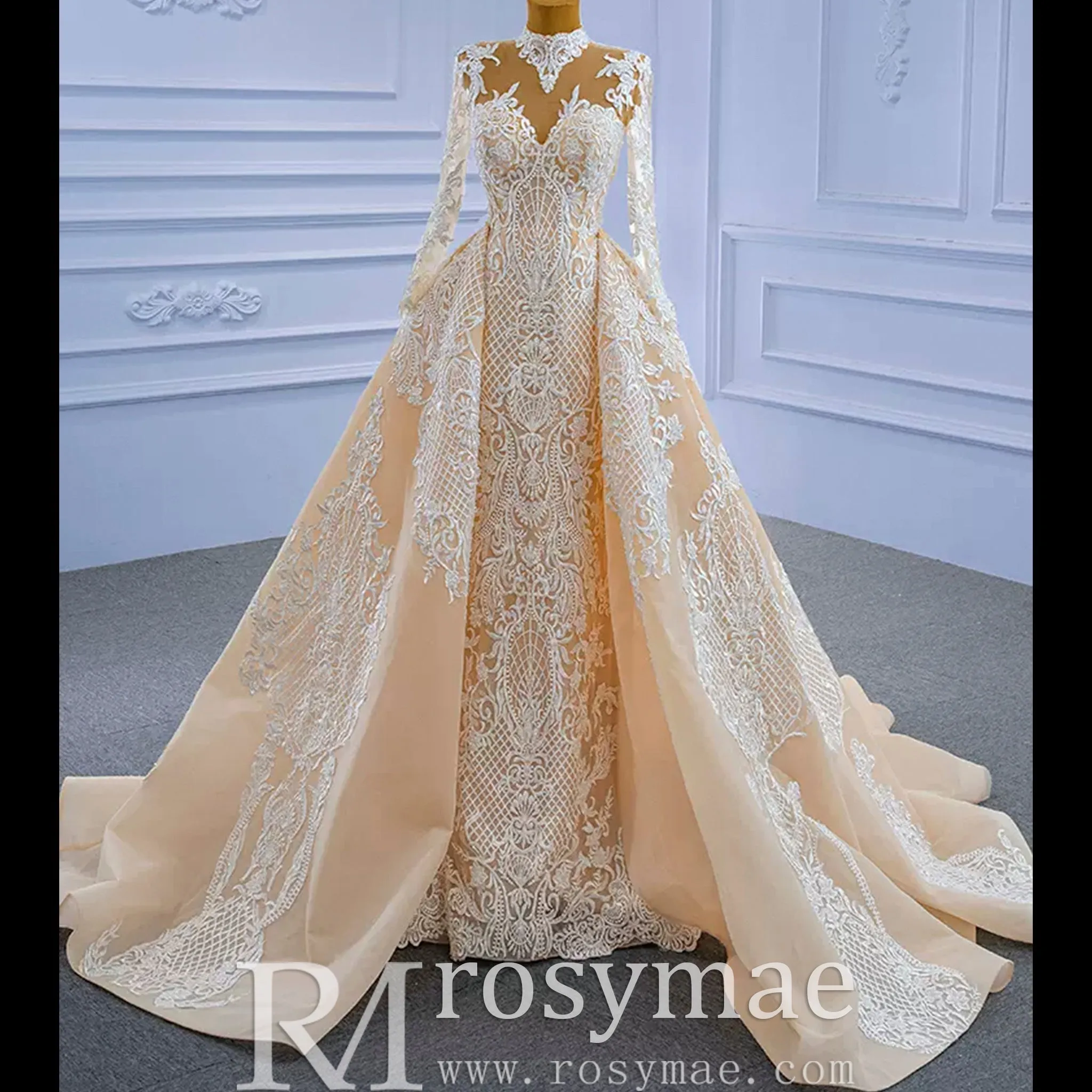 Mermaid Lace O-Neck Long Sleeve Wedding Dress With Detachable Train