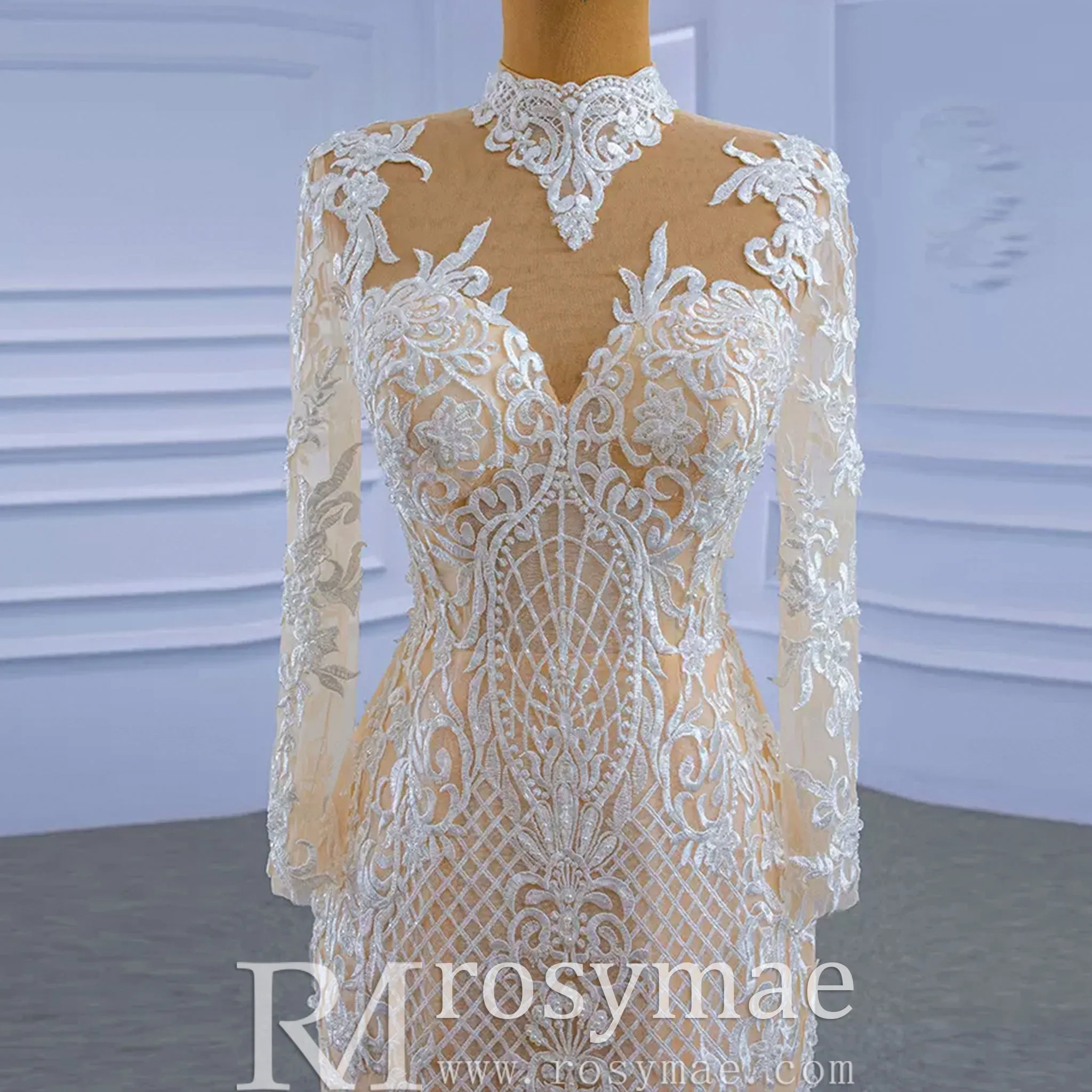 Mermaid Lace O-Neck Long Sleeve Wedding Dress With Detachable Train