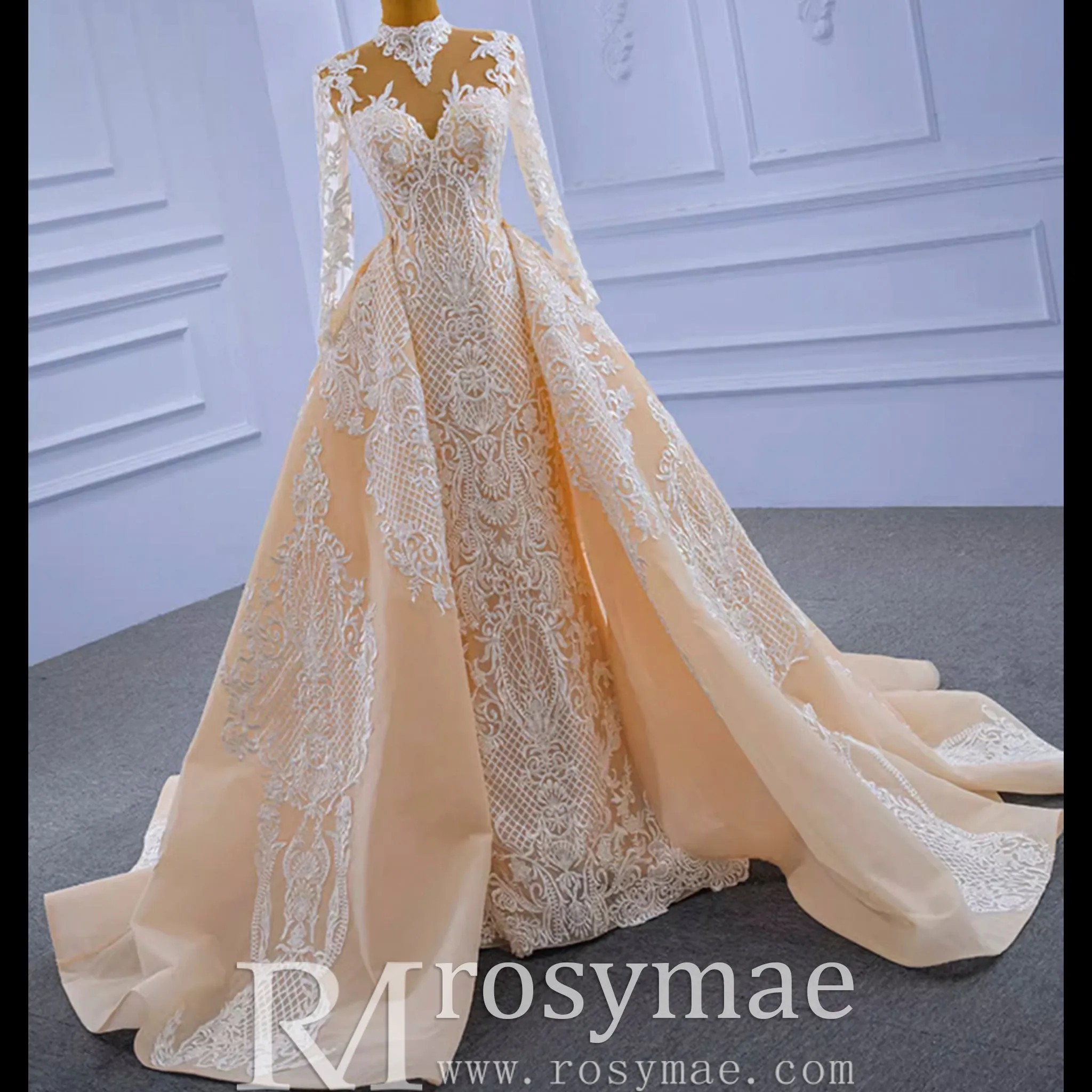 Mermaid Lace O-Neck Long Sleeve Wedding Dress With Detachable Train