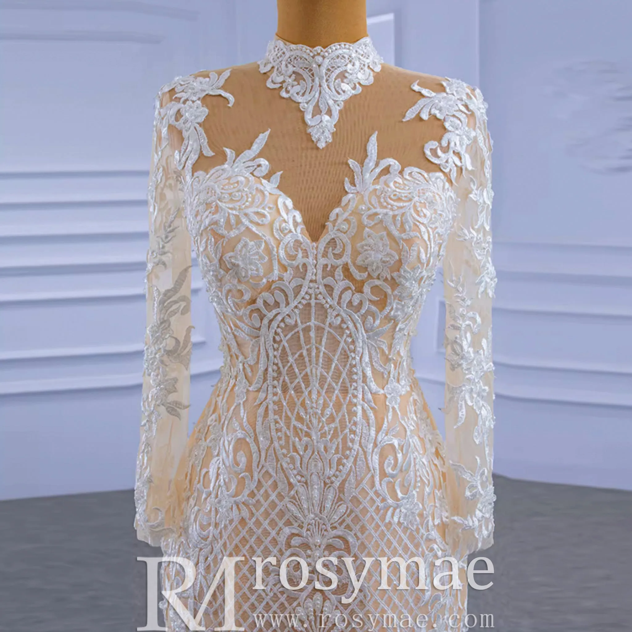 Mermaid Lace O-Neck Long Sleeve Wedding Dress With Detachable Train