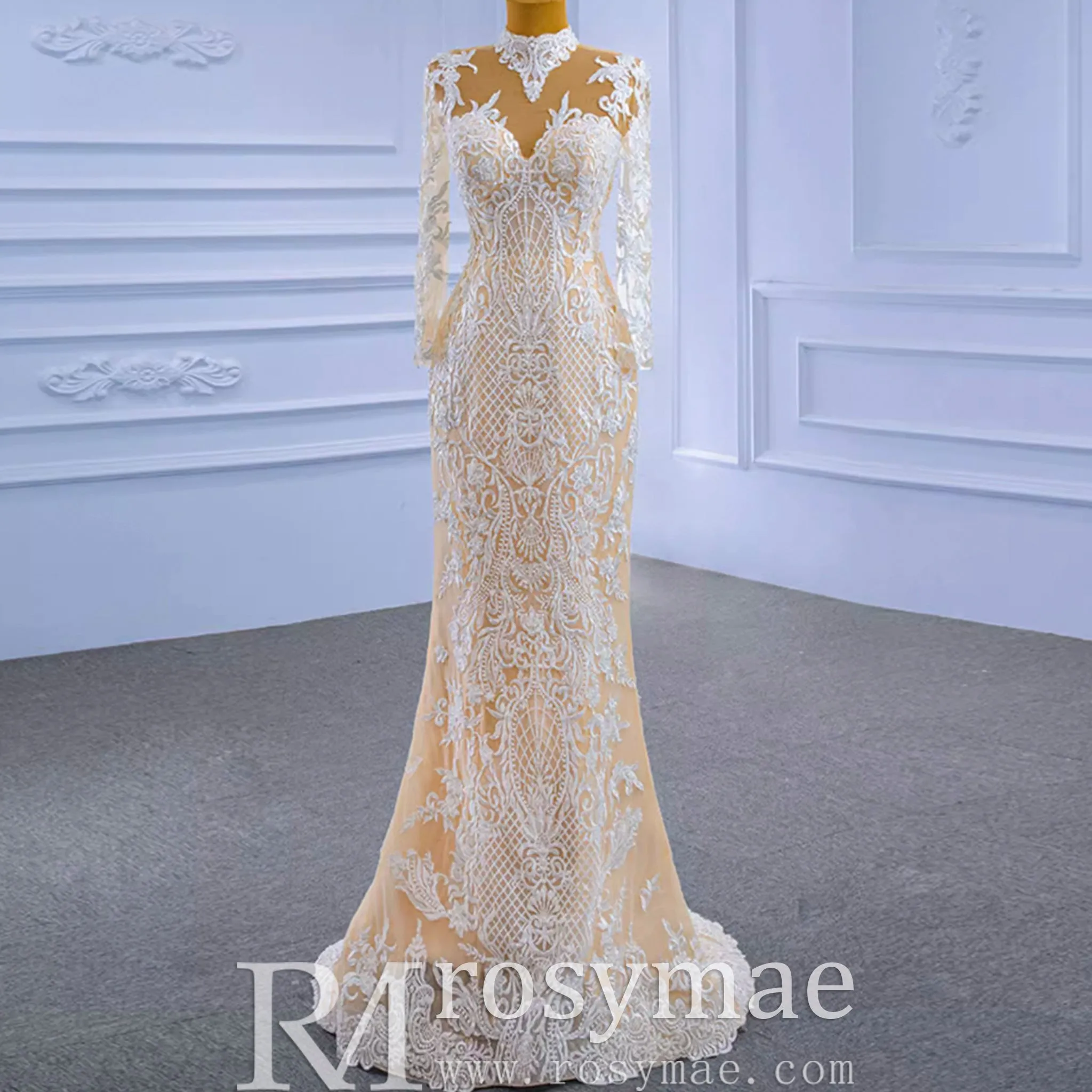 Mermaid Lace O-Neck Long Sleeve Wedding Dress With Detachable Train