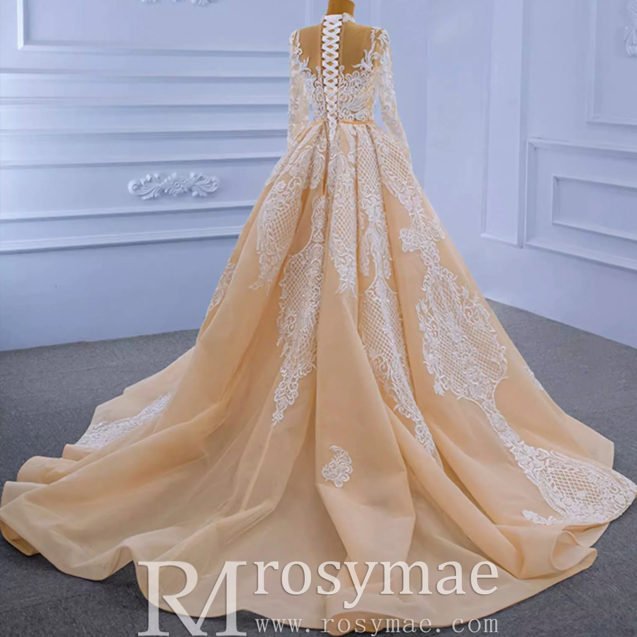Mermaid Lace O-Neck Long Sleeve Wedding Dress With Detachable Train