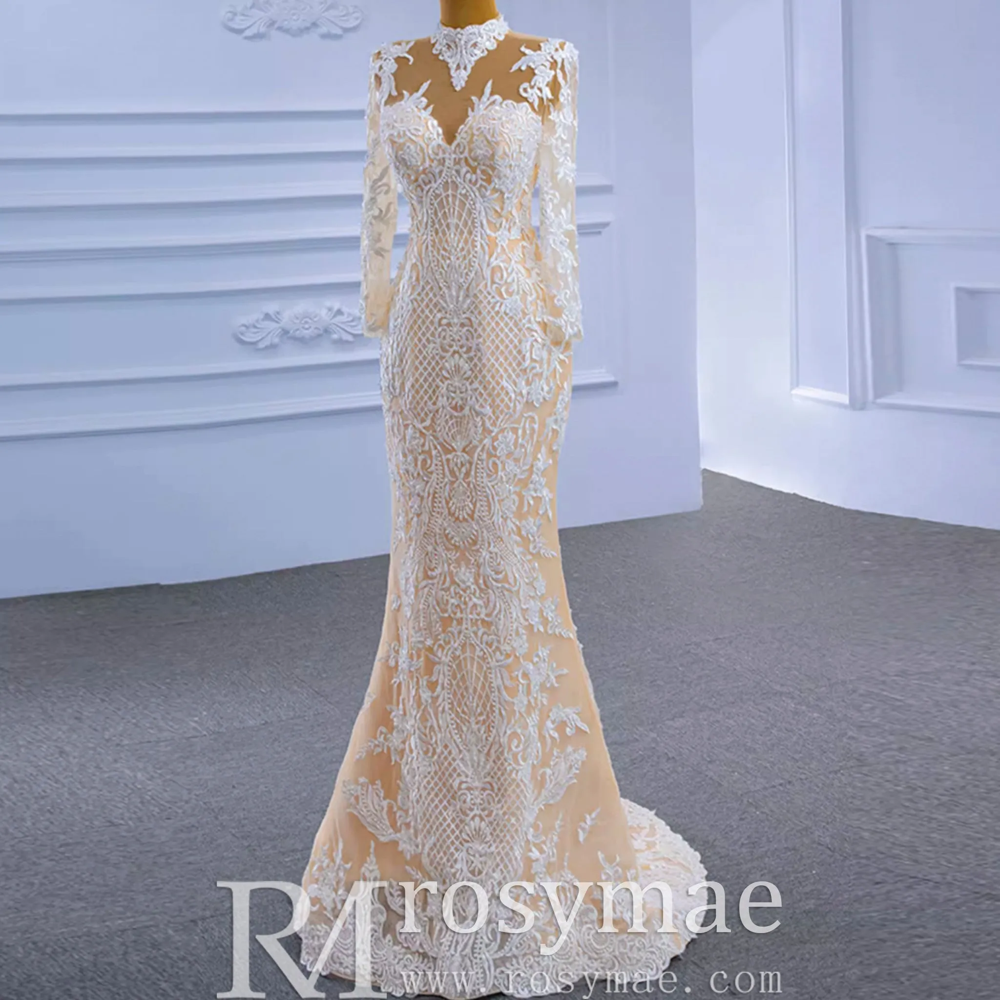 Mermaid Lace O-Neck Long Sleeve Wedding Dress With Detachable Train