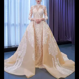 Mermaid Lace O-Neck Long Sleeve Wedding Dress With Detachable Train