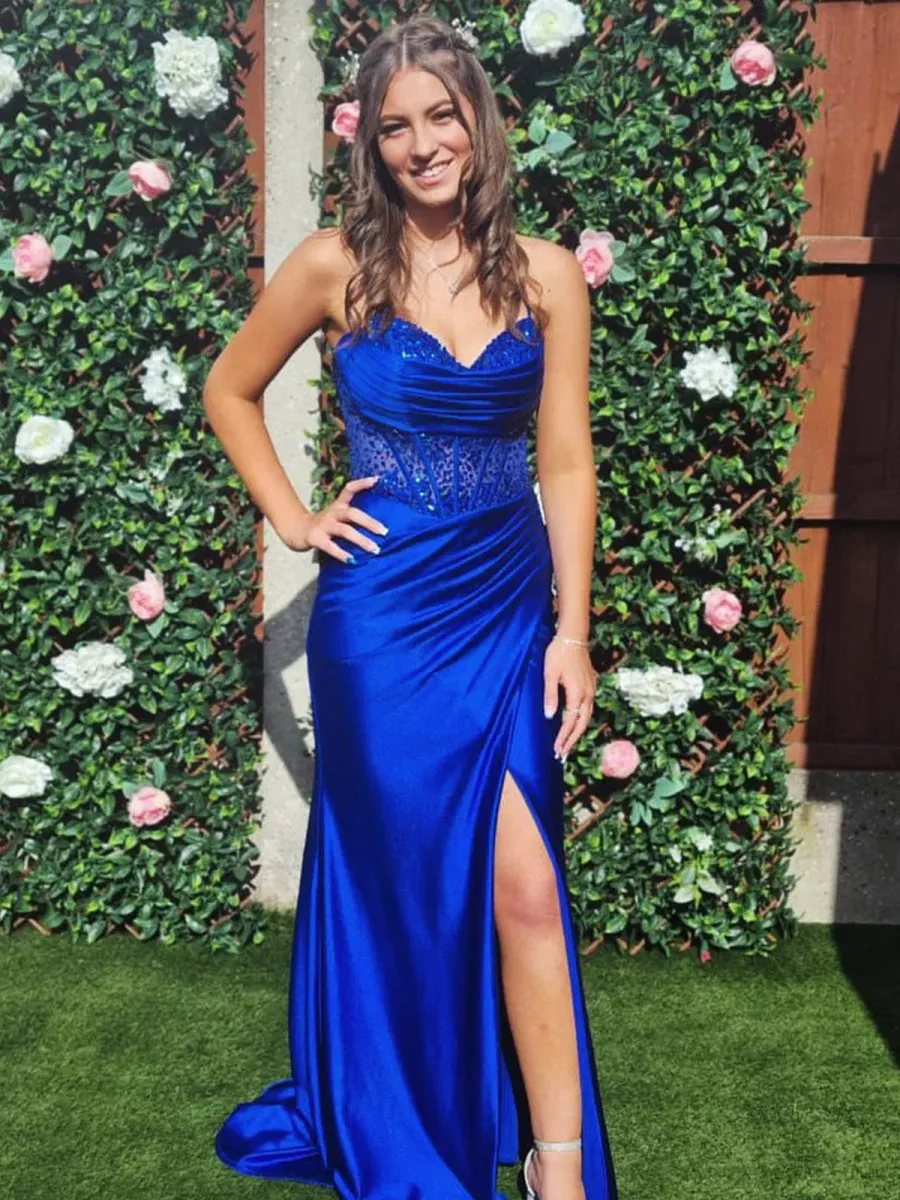 Mermaid Off Shoulder Sheer Corset Rhinestone Long Prom Dresses with Slit
