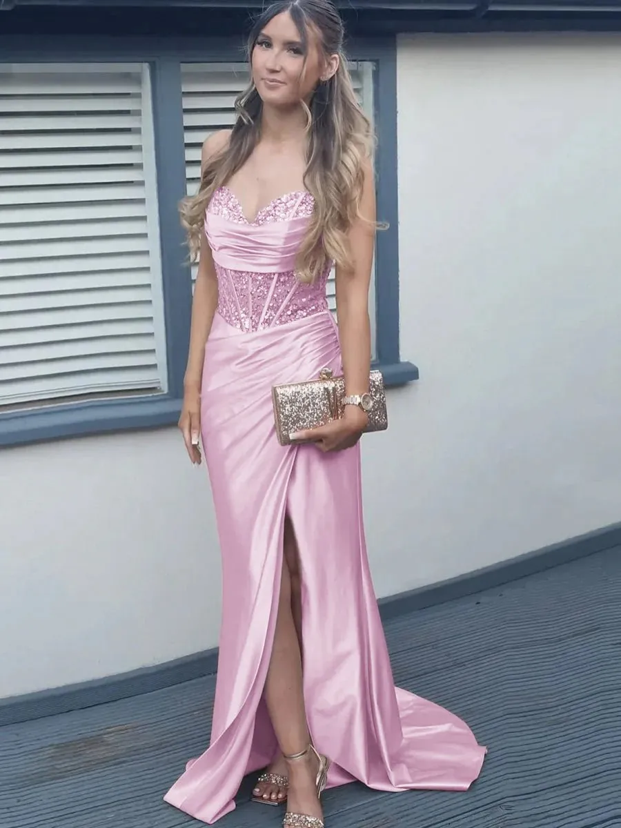 Mermaid Off Shoulder Sheer Corset Rhinestone Long Prom Dresses with Slit