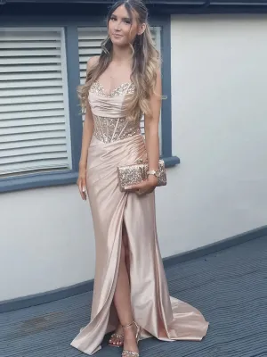 Mermaid Off Shoulder Sheer Corset Rhinestone Long Prom Dresses with Slit