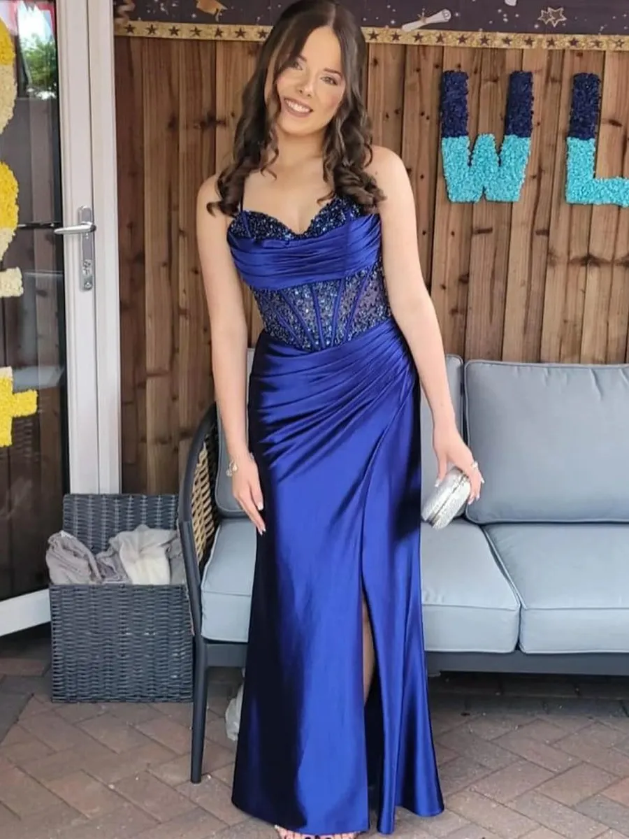 Mermaid Off Shoulder Sheer Corset Rhinestone Long Prom Dresses with Slit