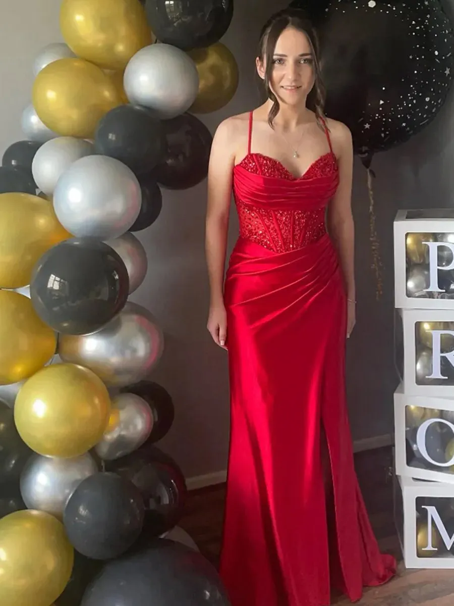 Mermaid Off Shoulder Sheer Corset Rhinestone Long Prom Dresses with Slit