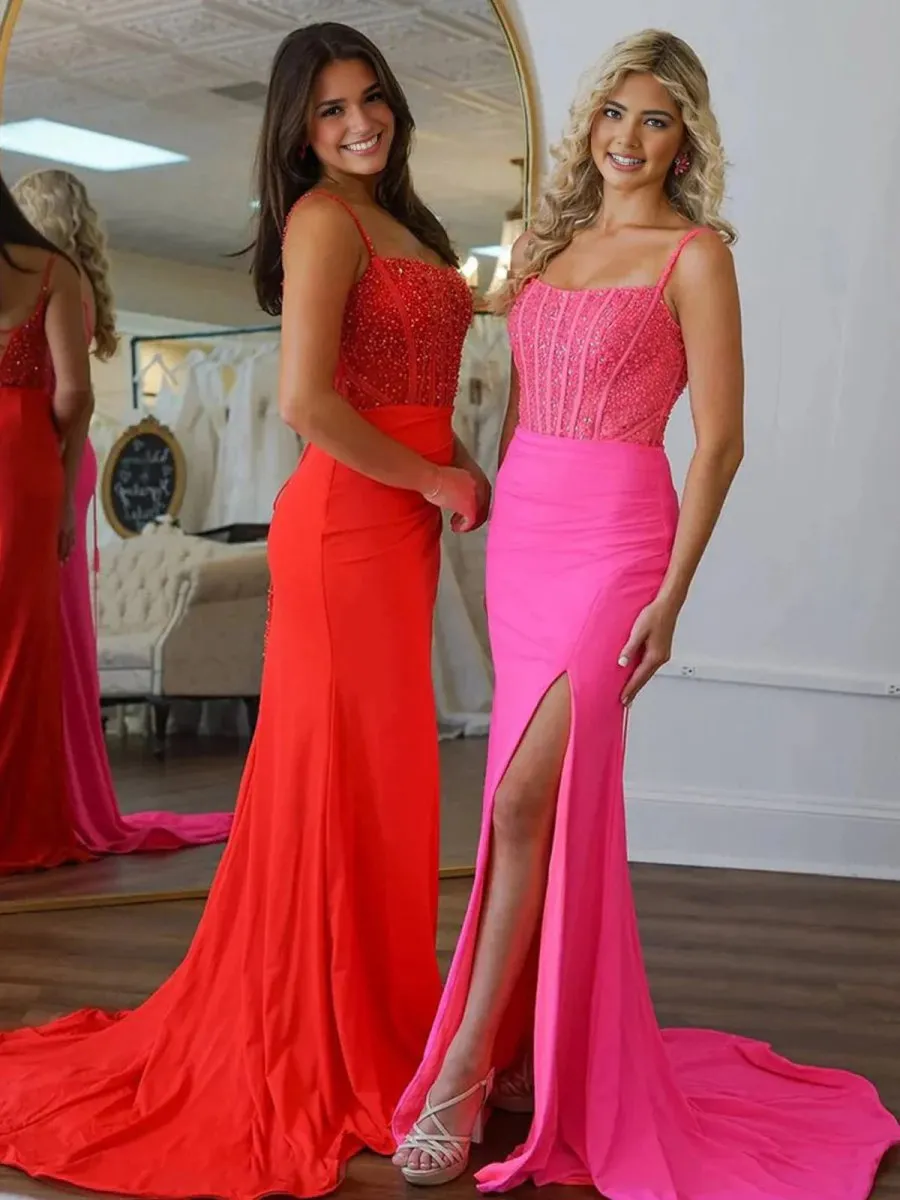 Mermaid Square Neck Beaded Long Prom Dresses with Slit