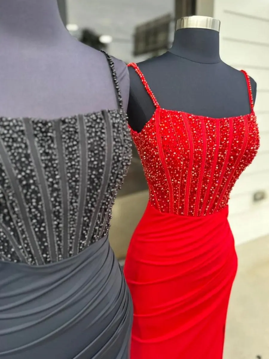 Mermaid Square Neck Beaded Long Prom Dresses with Slit