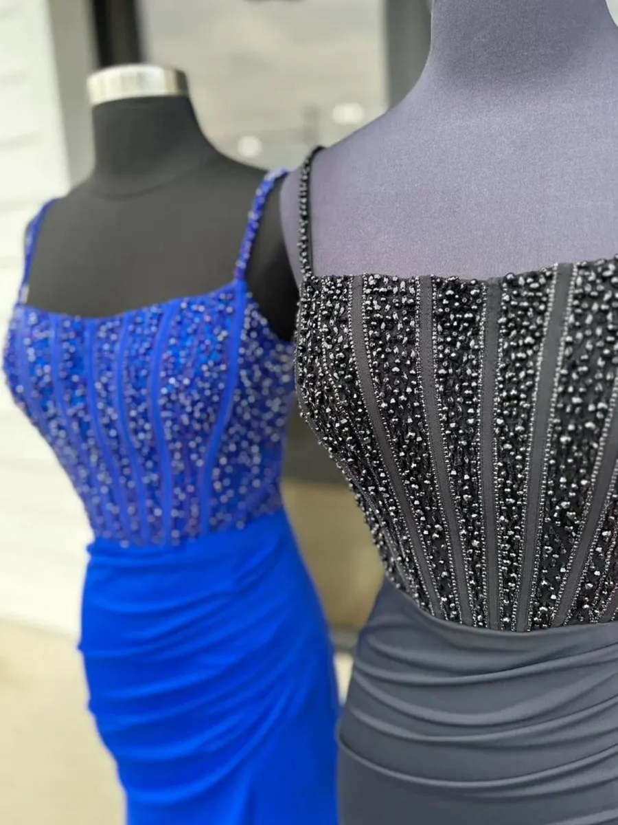Mermaid Square Neck Beaded Long Prom Dresses with Slit