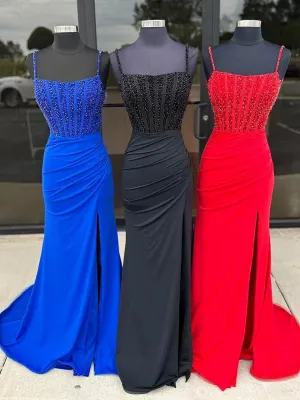 Mermaid Square Neck Beaded Long Prom Dresses with Slit