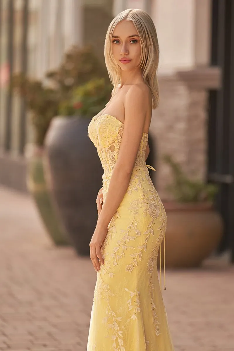 Mermaid Strapless Corset Lace Prom Dresses with Slit
