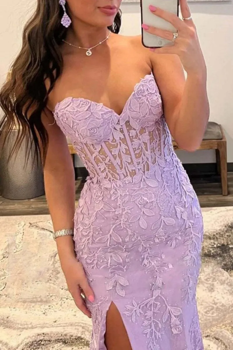 Mermaid Strapless Corset Lace Prom Dresses with Slit