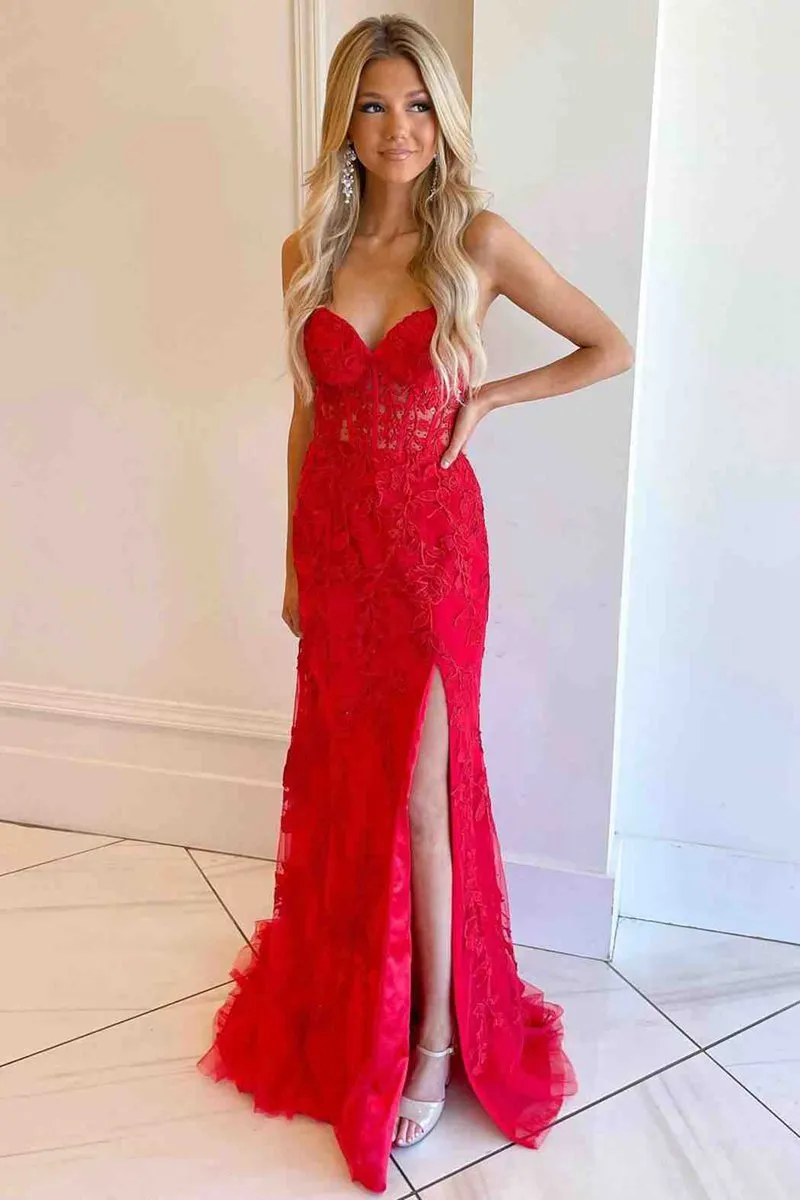 Mermaid Strapless Corset Lace Prom Dresses with Slit