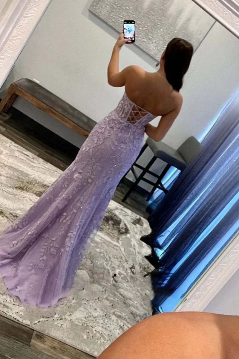 Mermaid Strapless Corset Lace Prom Dresses with Slit