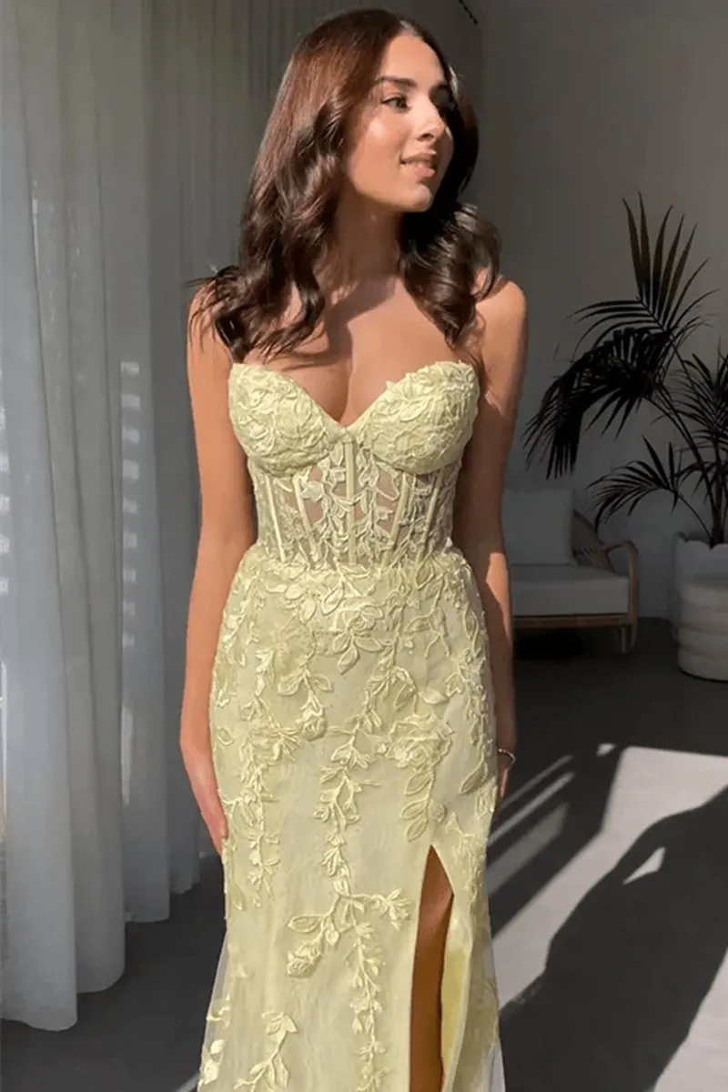 Mermaid Strapless Corset Lace Prom Dresses with Slit
