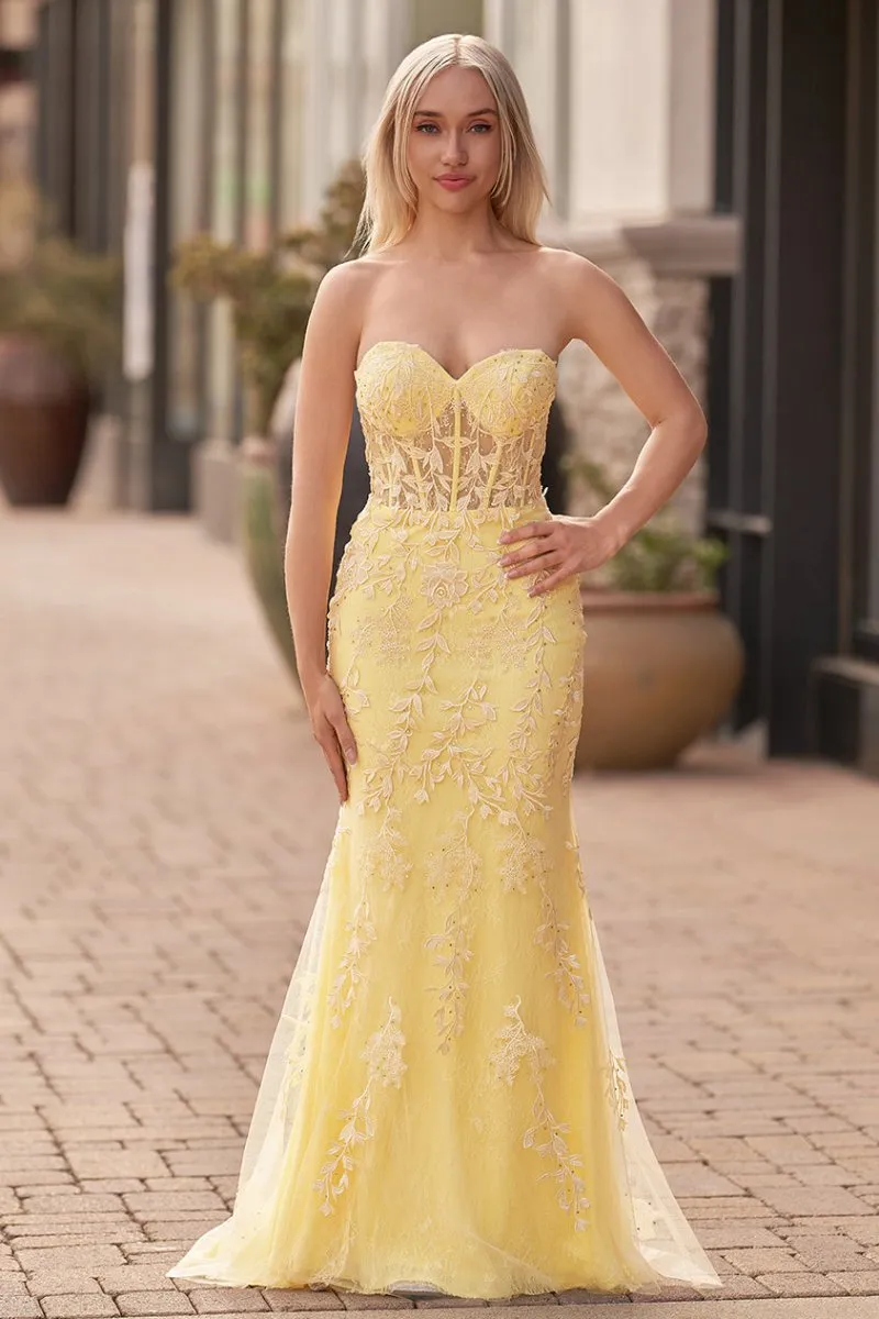 Mermaid Strapless Corset Lace Prom Dresses with Slit