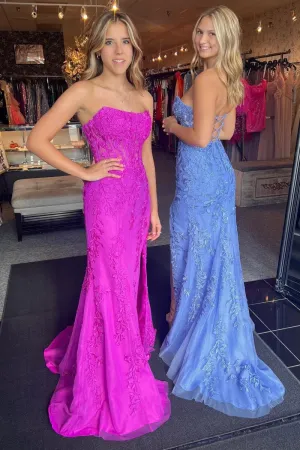 Mermaid Strapless Lace Tulle Prom Dresses with Slit