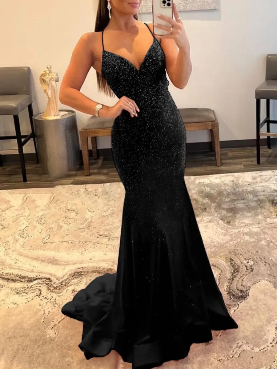 Mermaid V Neck Glitter Satin Prom Dresses