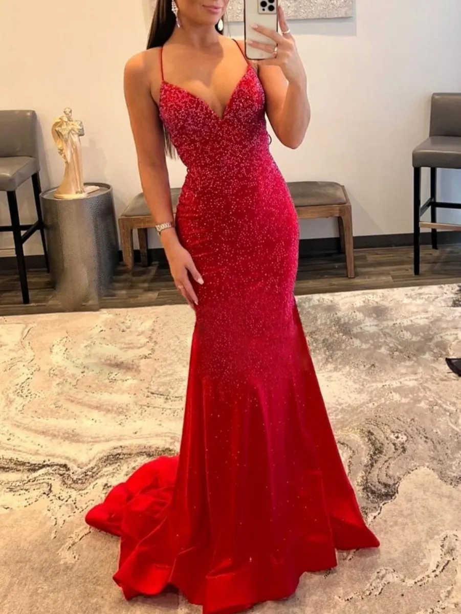 Mermaid V Neck Glitter Satin Prom Dresses