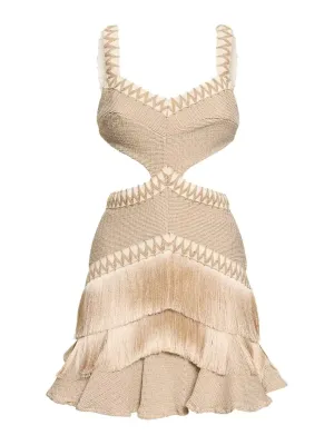 Metallic Fringe Cut-Out Mini Dress