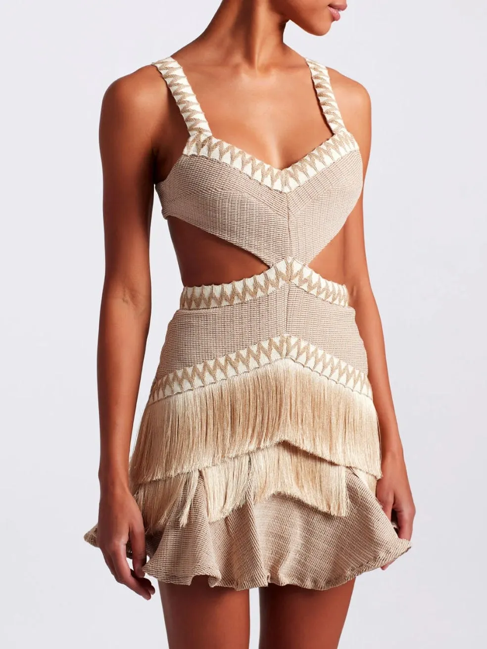 Metallic Fringe Cut-Out Mini Dress