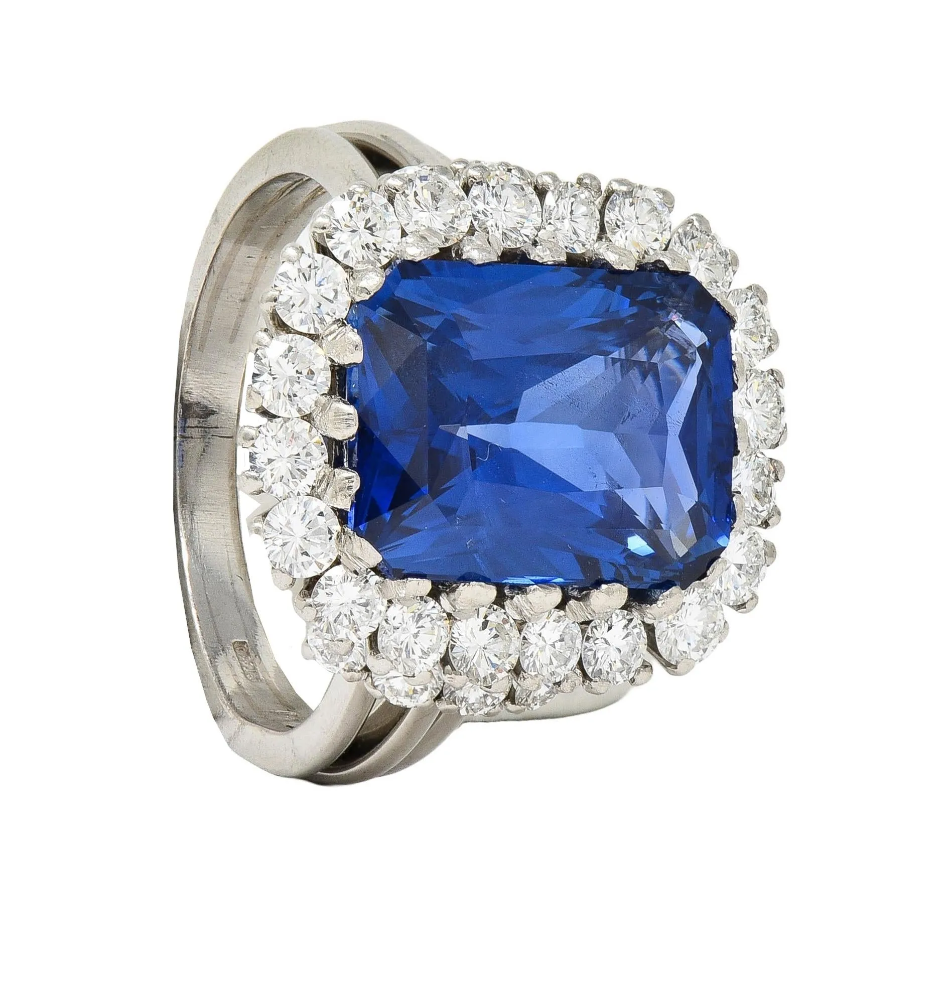 Mid-Century 11.10 CTW No Heat Ceylon Sapphire Diamond Platinum Vintage Halo Ring CD