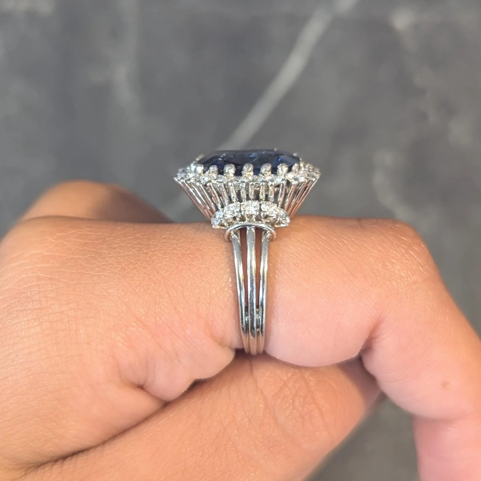 Mid-Century 11.10 CTW No Heat Ceylon Sapphire Diamond Platinum Vintage Halo Ring CD