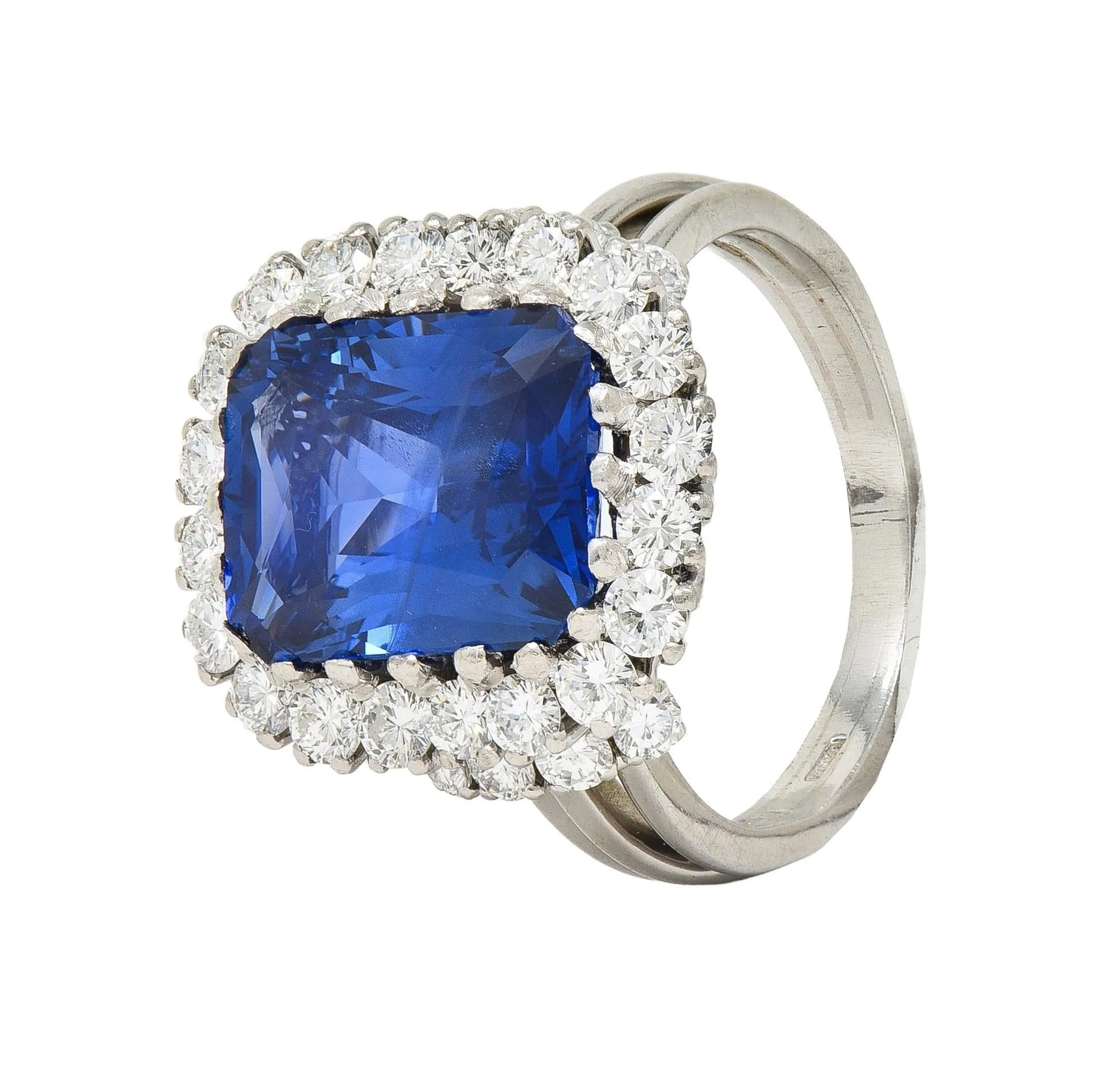Mid-Century 11.10 CTW No Heat Ceylon Sapphire Diamond Platinum Vintage Halo Ring CD