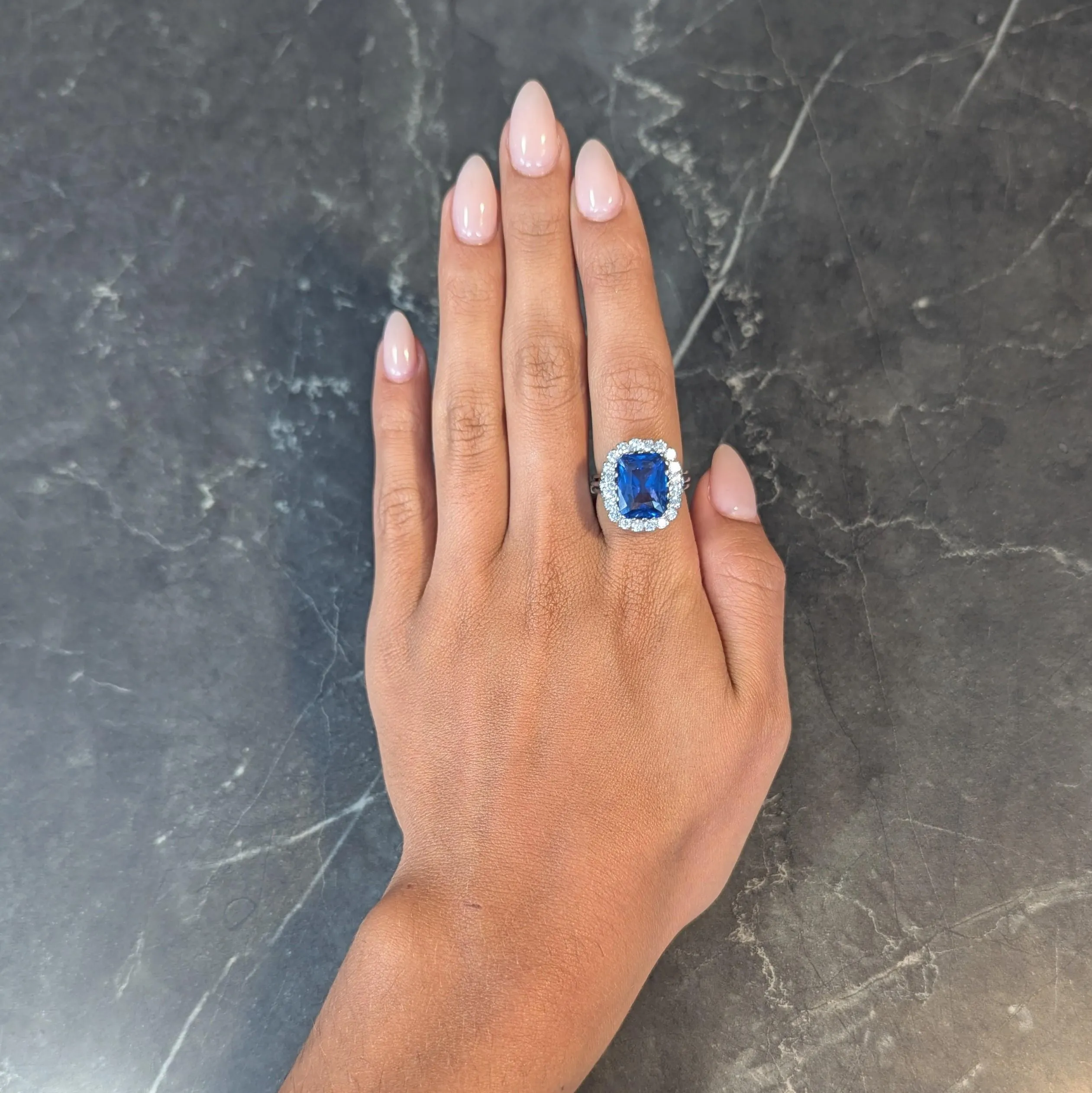 Mid-Century 11.10 CTW No Heat Ceylon Sapphire Diamond Platinum Vintage Halo Ring CD