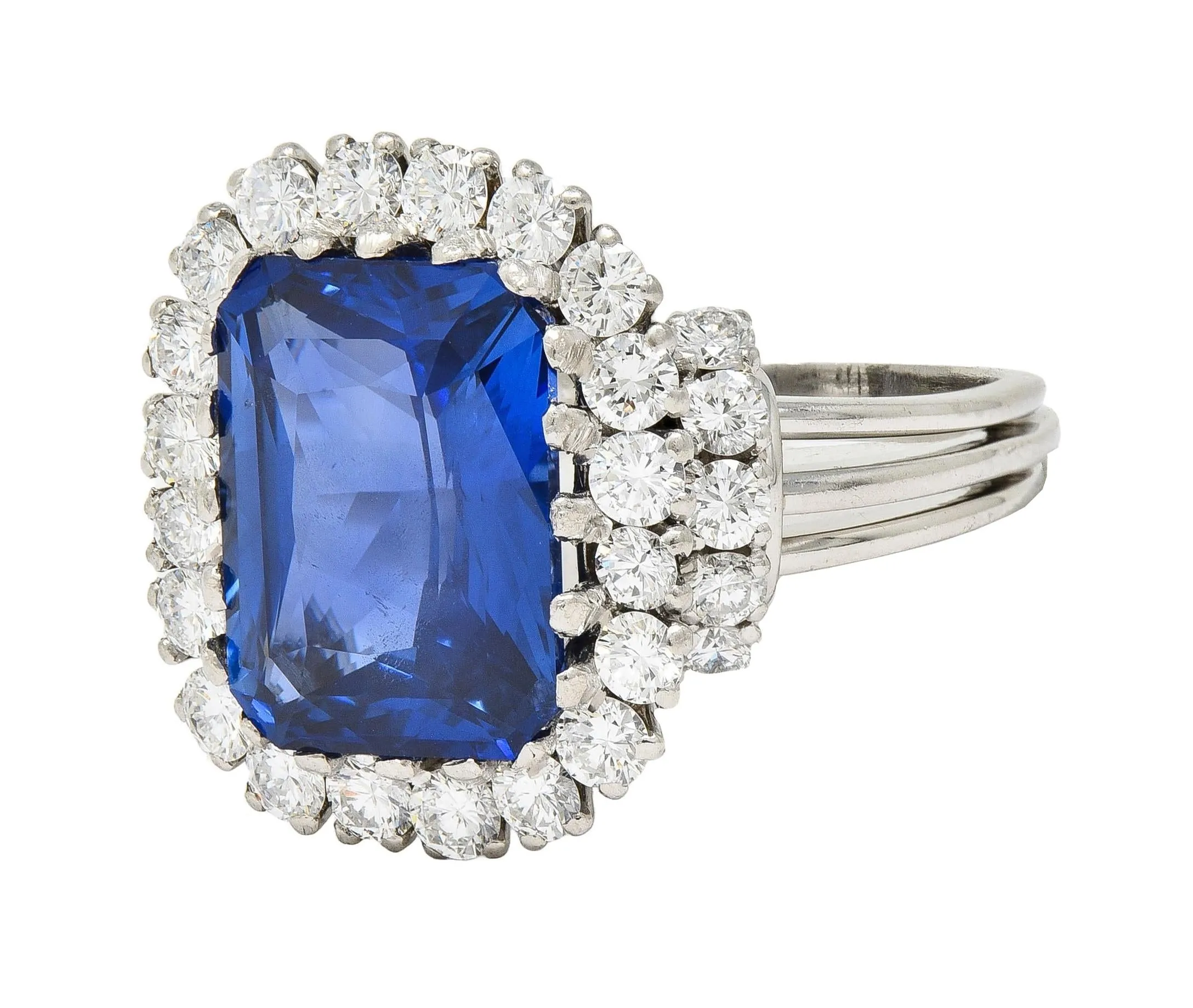 Mid-Century 11.10 CTW No Heat Ceylon Sapphire Diamond Platinum Vintage Halo Ring CD