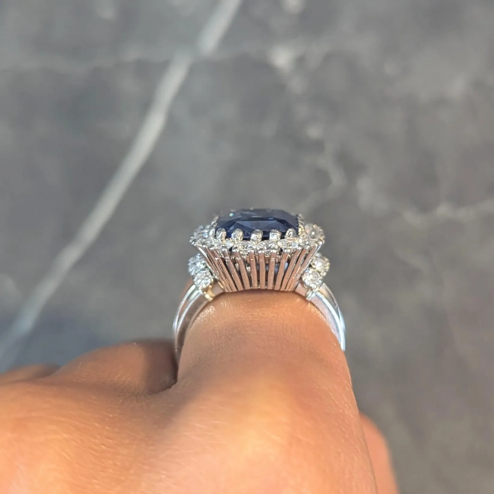 Mid-Century 11.10 CTW No Heat Ceylon Sapphire Diamond Platinum Vintage Halo Ring CD