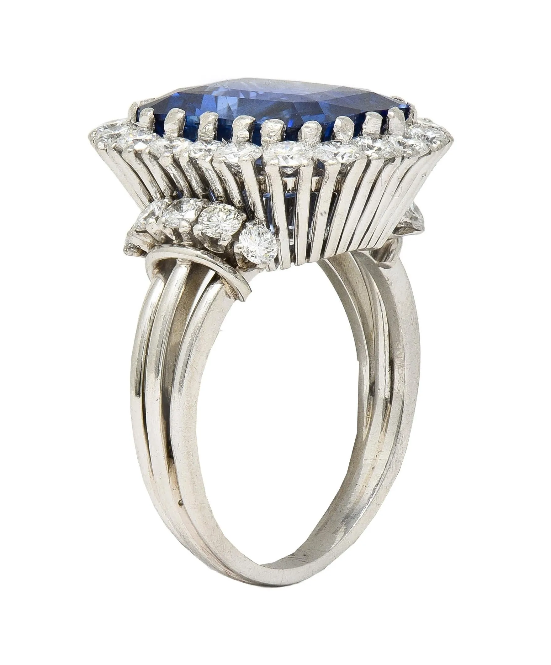 Mid-Century 11.10 CTW No Heat Ceylon Sapphire Diamond Platinum Vintage Halo Ring CD