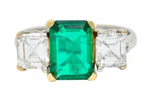 Mid-Century 3.28 CTW Colombian Emerald Asscher Diamond 18 Karat Gold Ring AGL