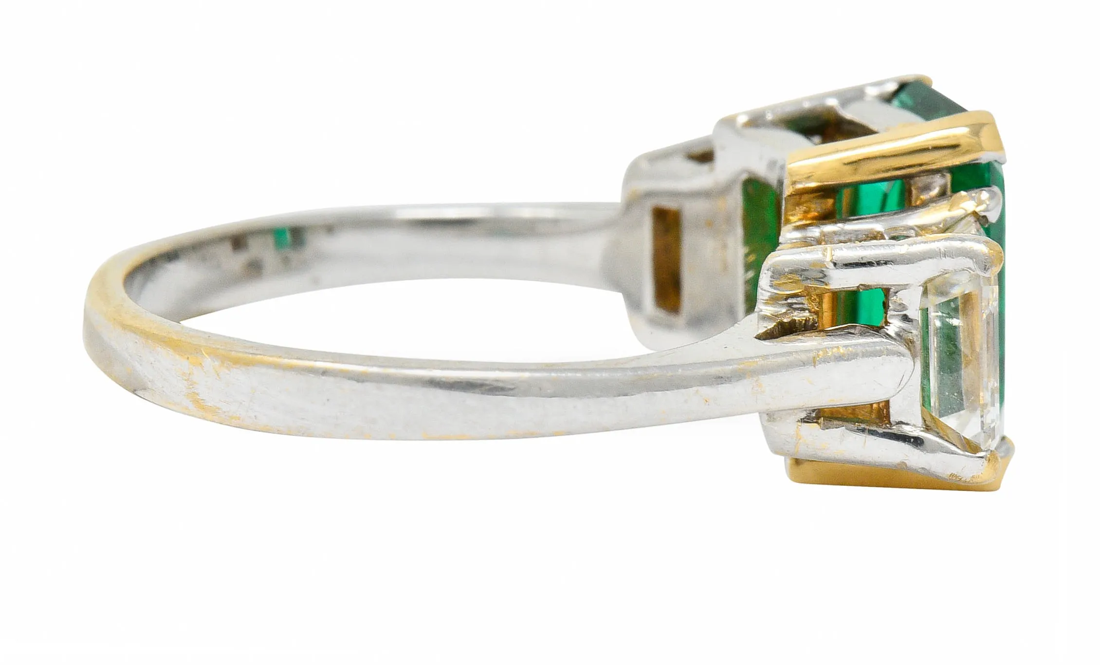 Mid-Century 3.28 CTW Colombian Emerald Asscher Diamond 18 Karat Gold Ring AGL