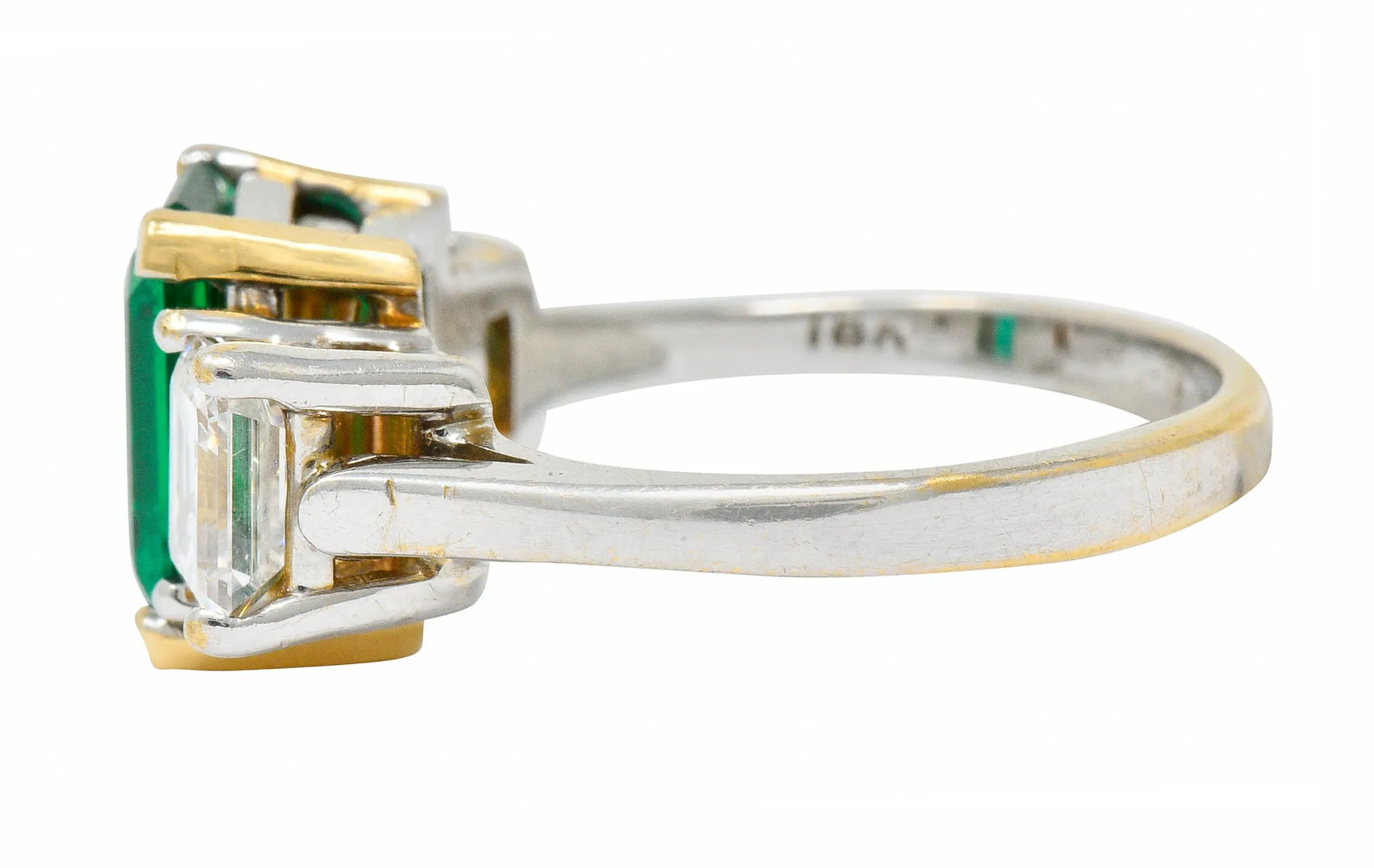 Mid-Century 3.28 CTW Colombian Emerald Asscher Diamond 18 Karat Gold Ring AGL