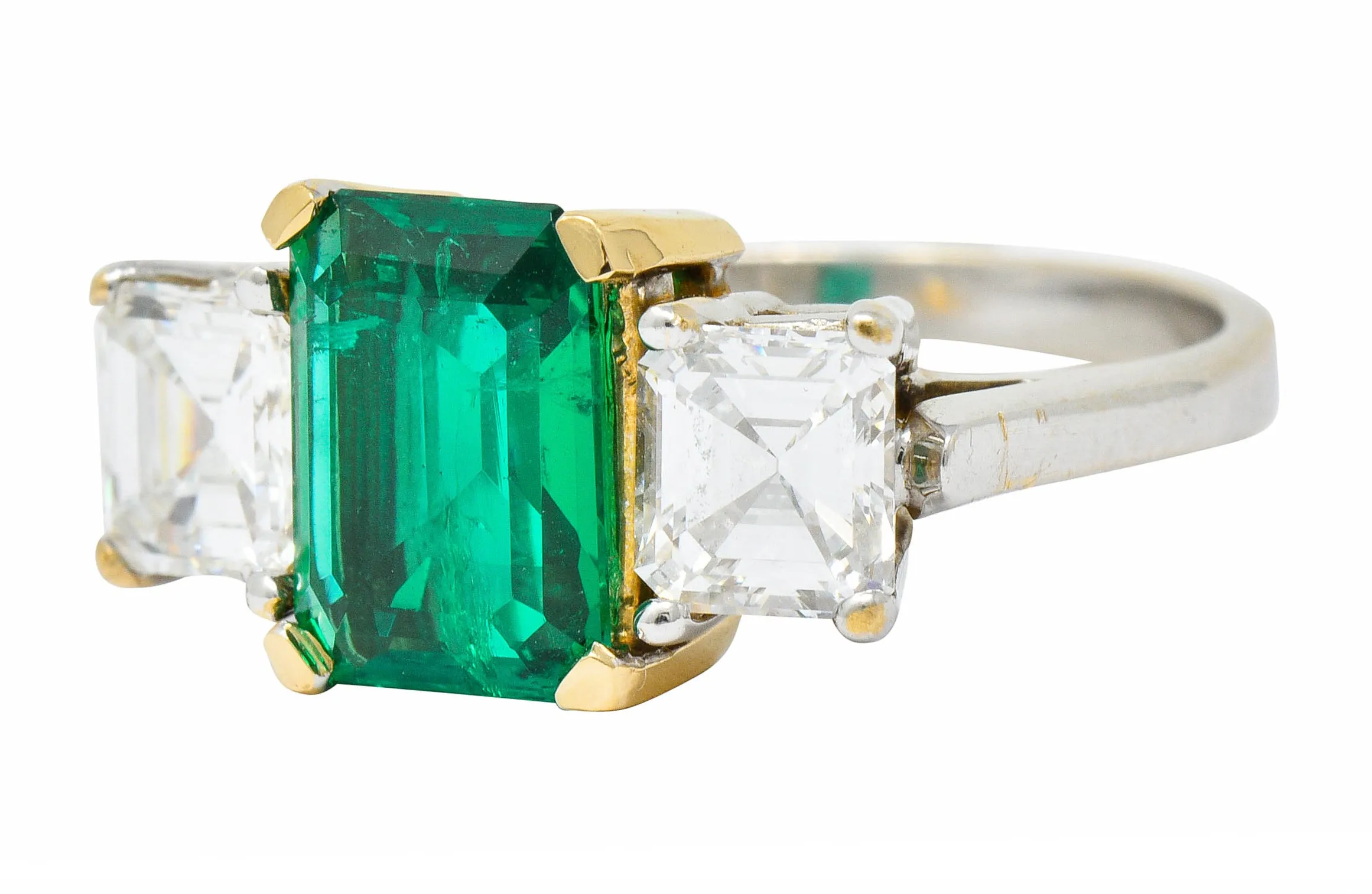 Mid-Century 3.28 CTW Colombian Emerald Asscher Diamond 18 Karat Gold Ring AGL