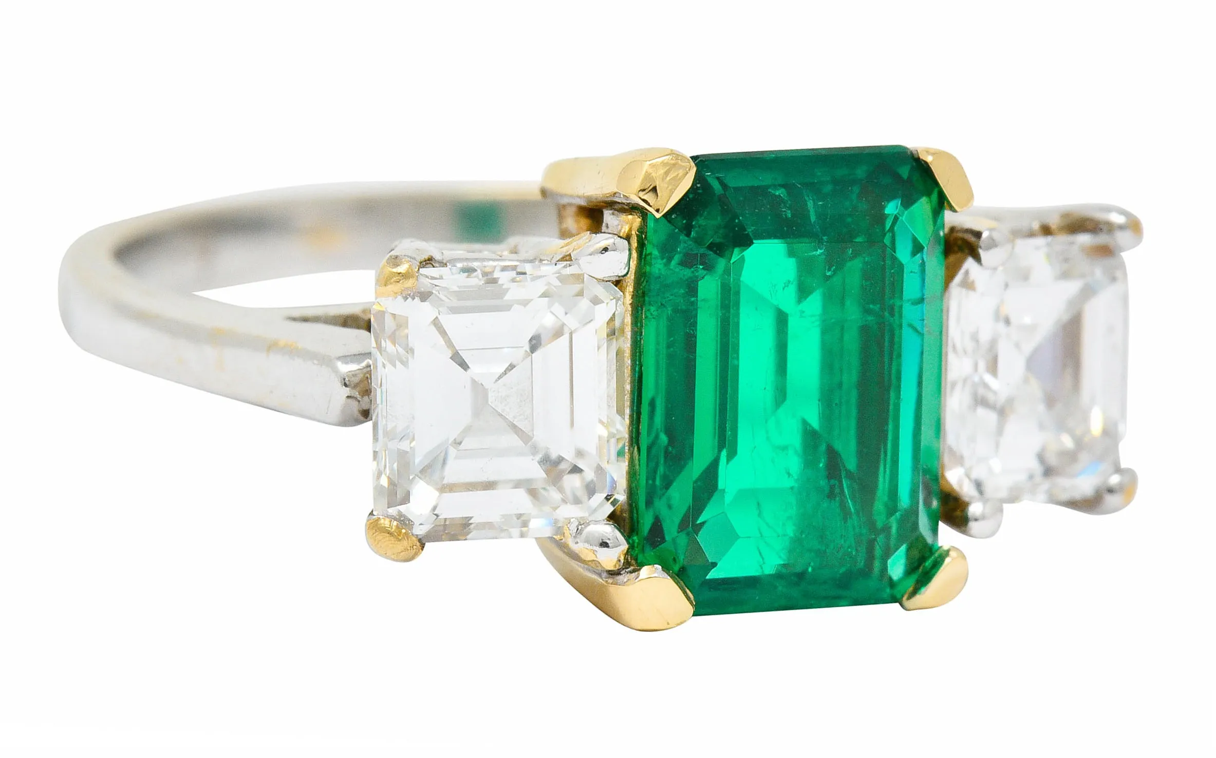 Mid-Century 3.28 CTW Colombian Emerald Asscher Diamond 18 Karat Gold Ring AGL
