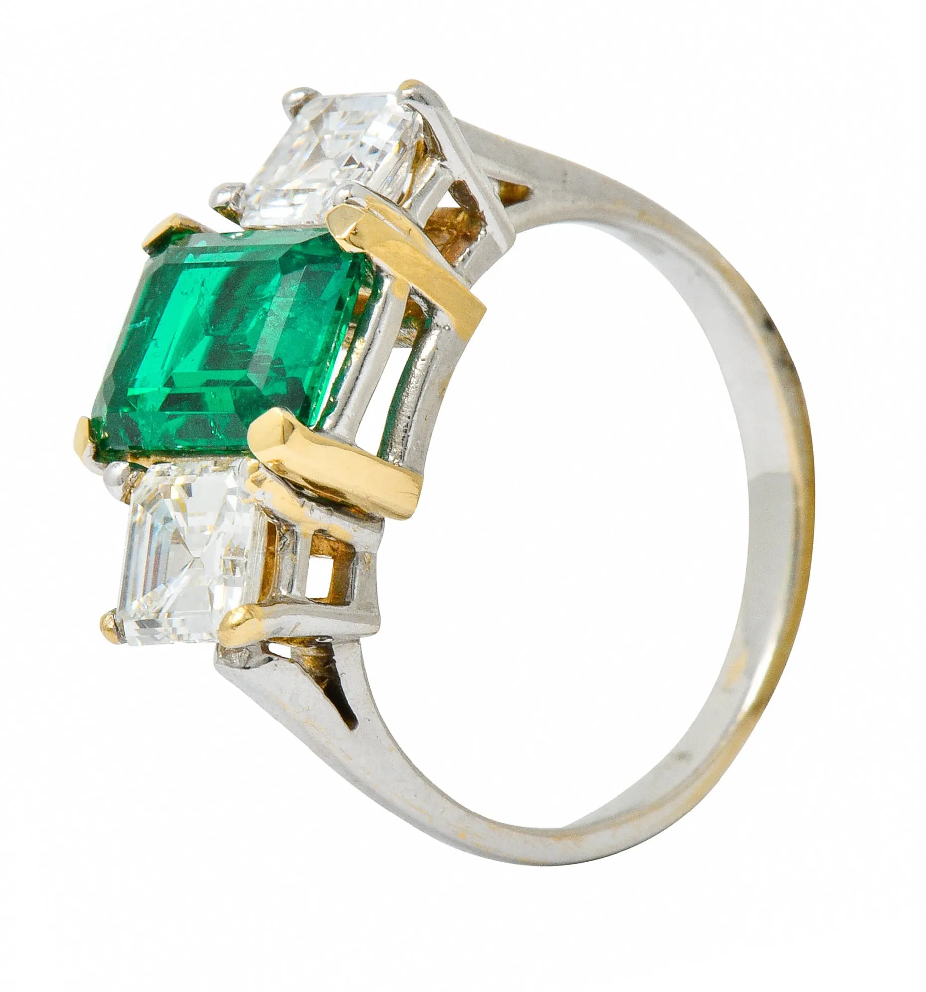 Mid-Century 3.28 CTW Colombian Emerald Asscher Diamond 18 Karat Gold Ring AGL