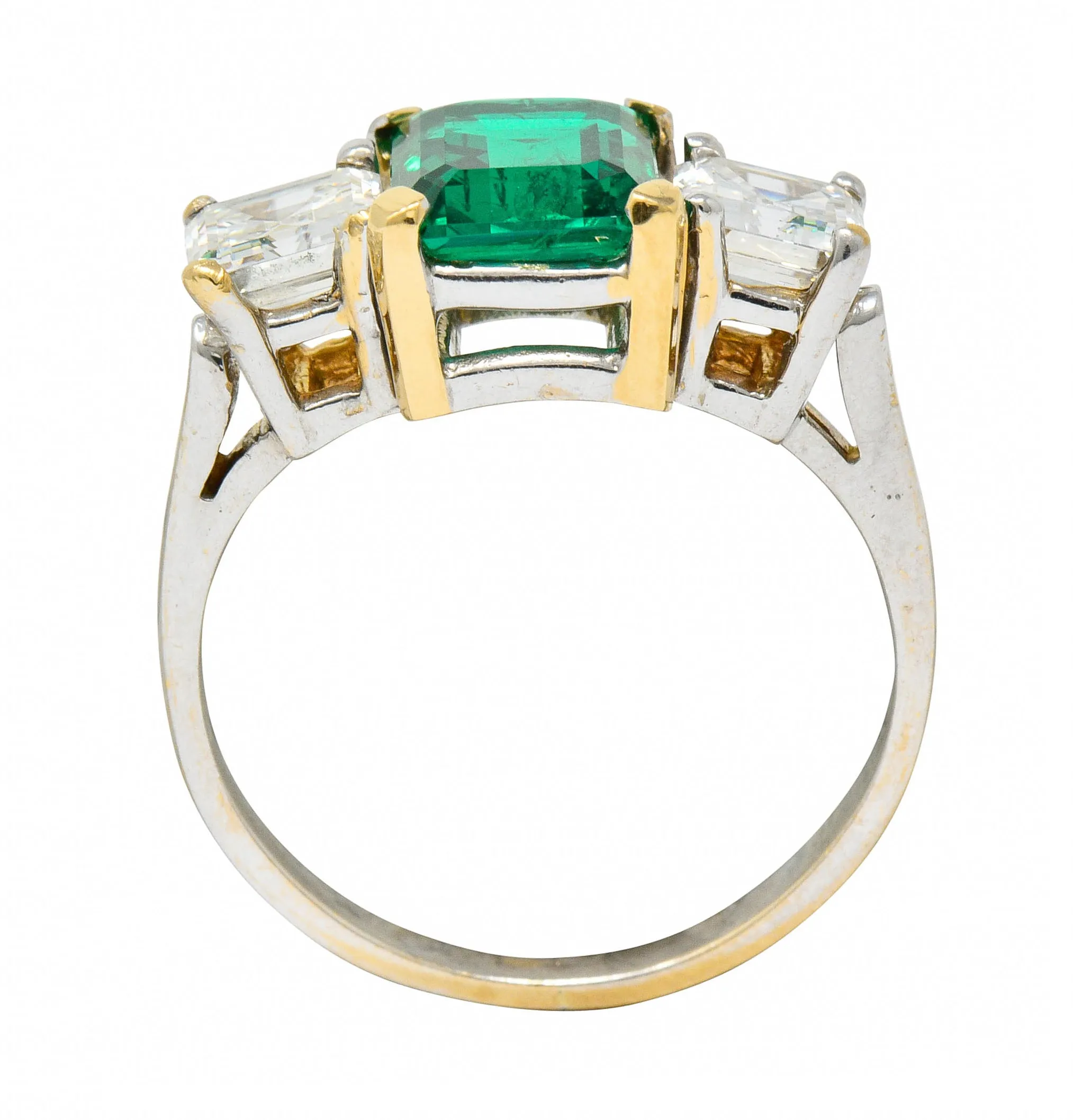 Mid-Century 3.28 CTW Colombian Emerald Asscher Diamond 18 Karat Gold Ring AGL