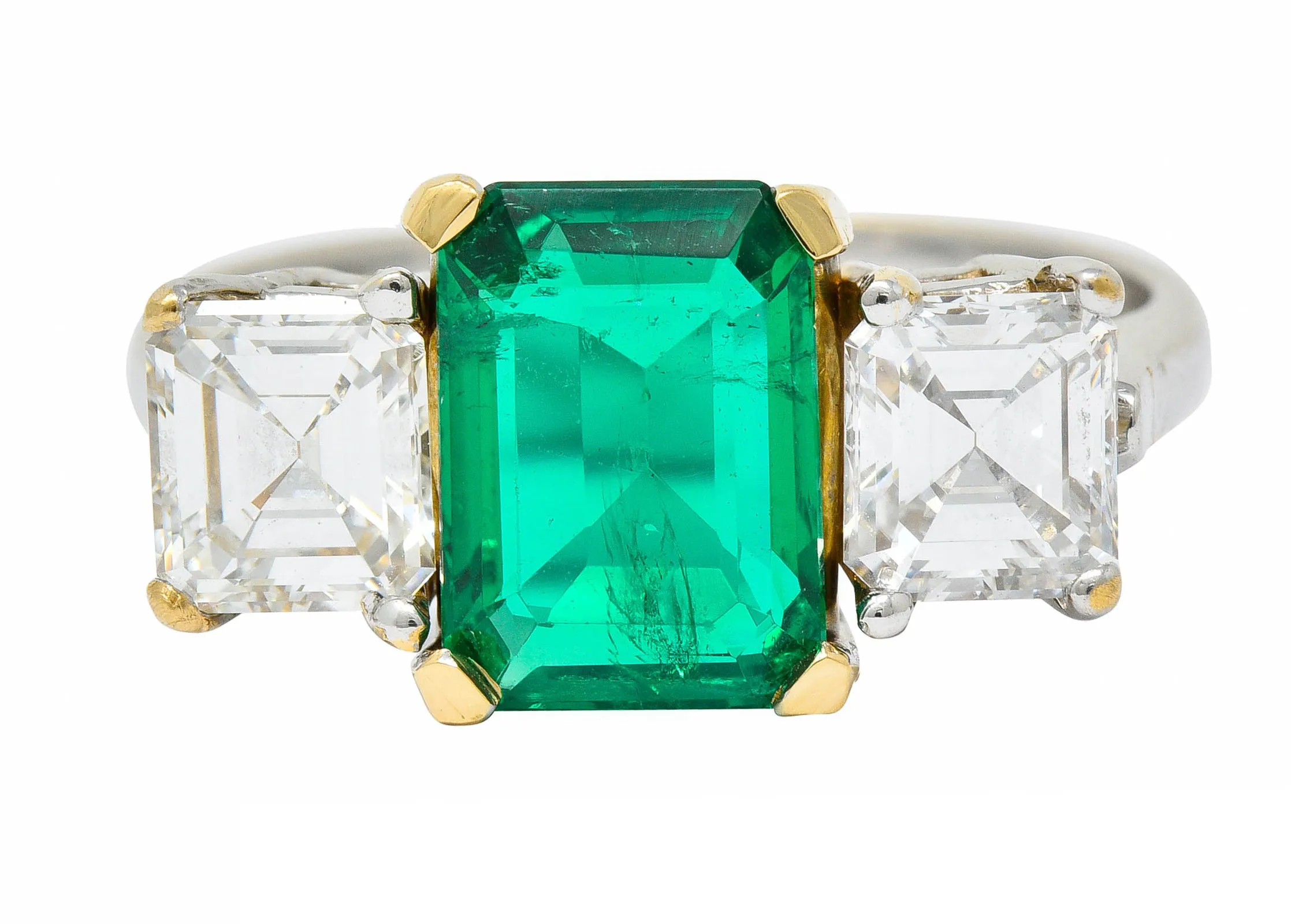 Mid-Century 3.28 CTW Colombian Emerald Asscher Diamond 18 Karat Gold Ring AGL
